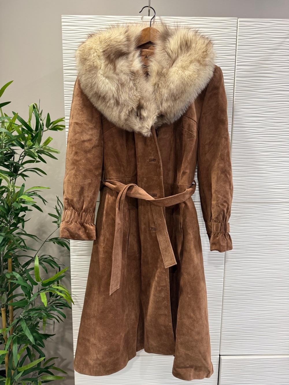 Women’s Vintage Brown Suede Trench Coat with Removable Fur Collar